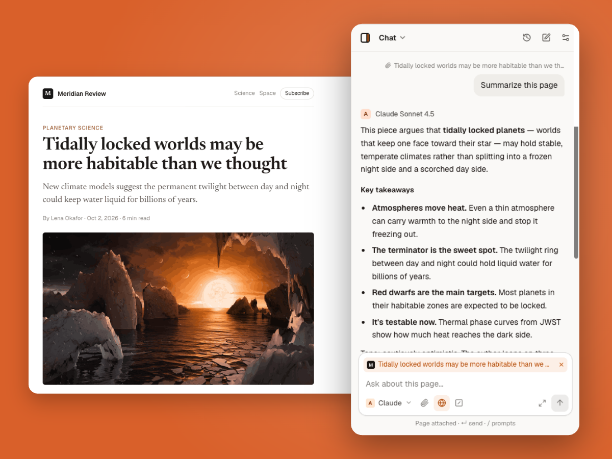 Thinkbeside side panel summarizing a news article