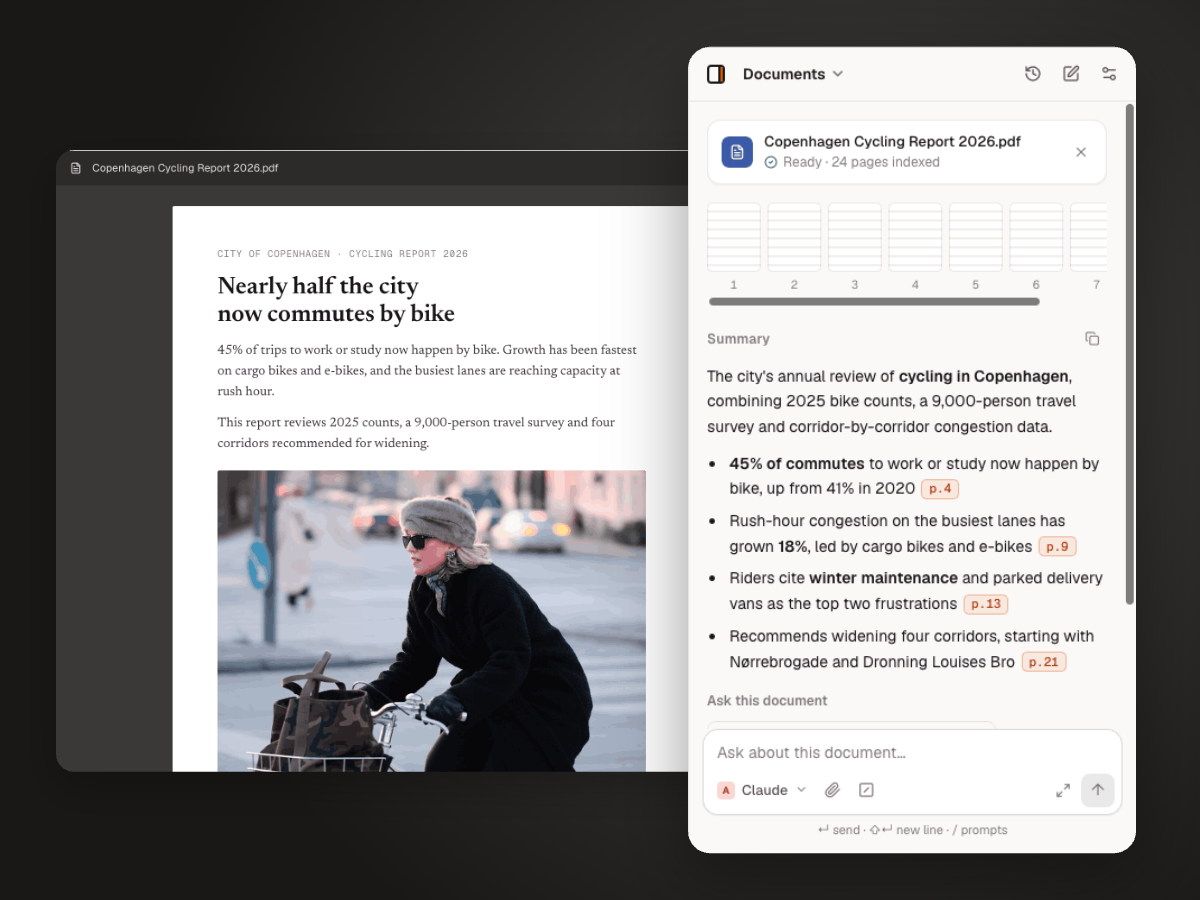 Thinkbeside summarizing a PDF research brief with page citations